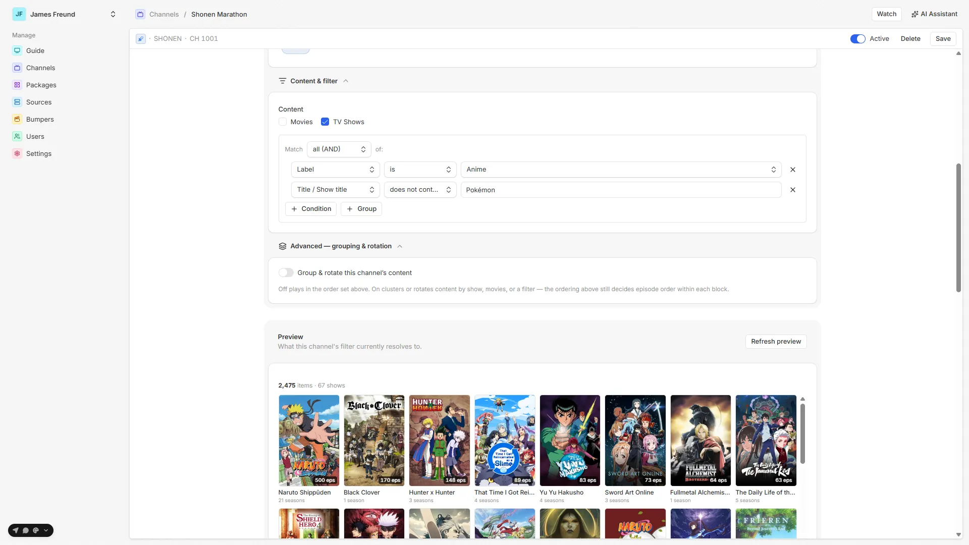 Defining a channel from filters in the admin
