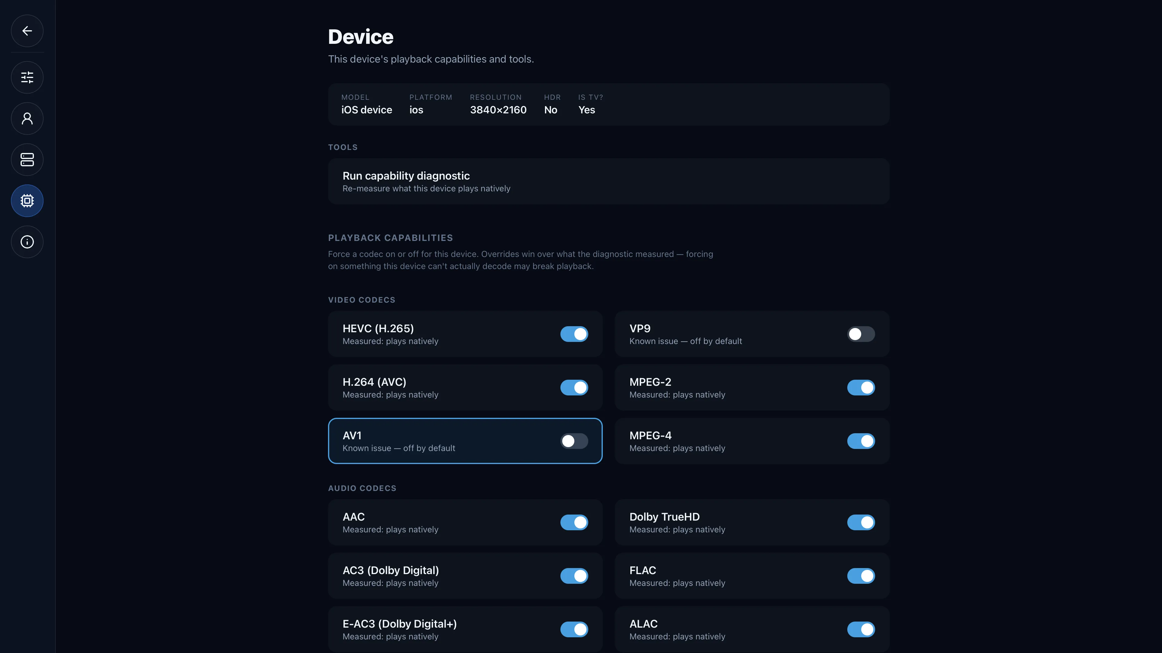 The Device settings page — per-codec capability toggles