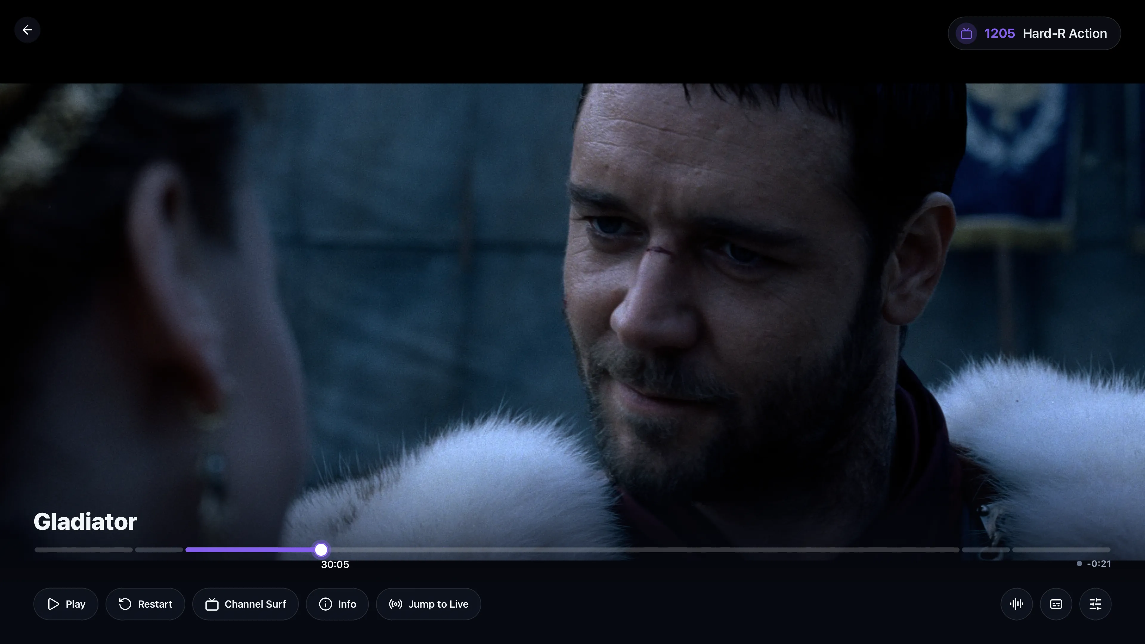 Full-screen playback with the DVR timeline behind LIVE