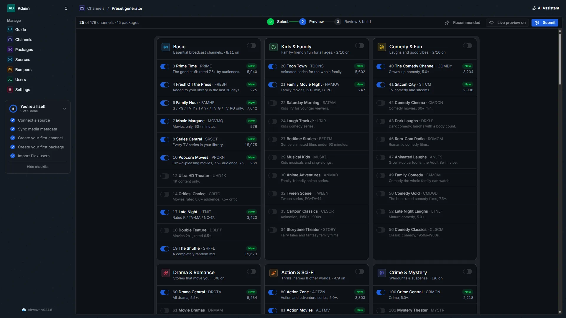 The staged preset generator: pick channels across packages, preview the exact matches, then build