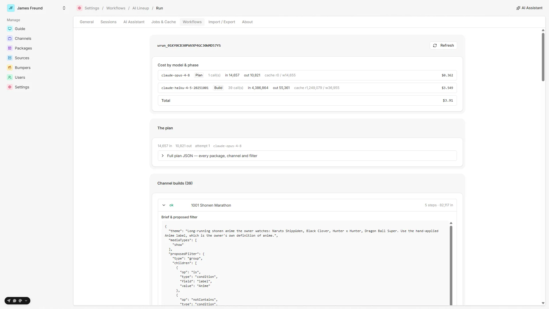 The AI lineup workflow run page — steps correlated with per-channel traces and token cost