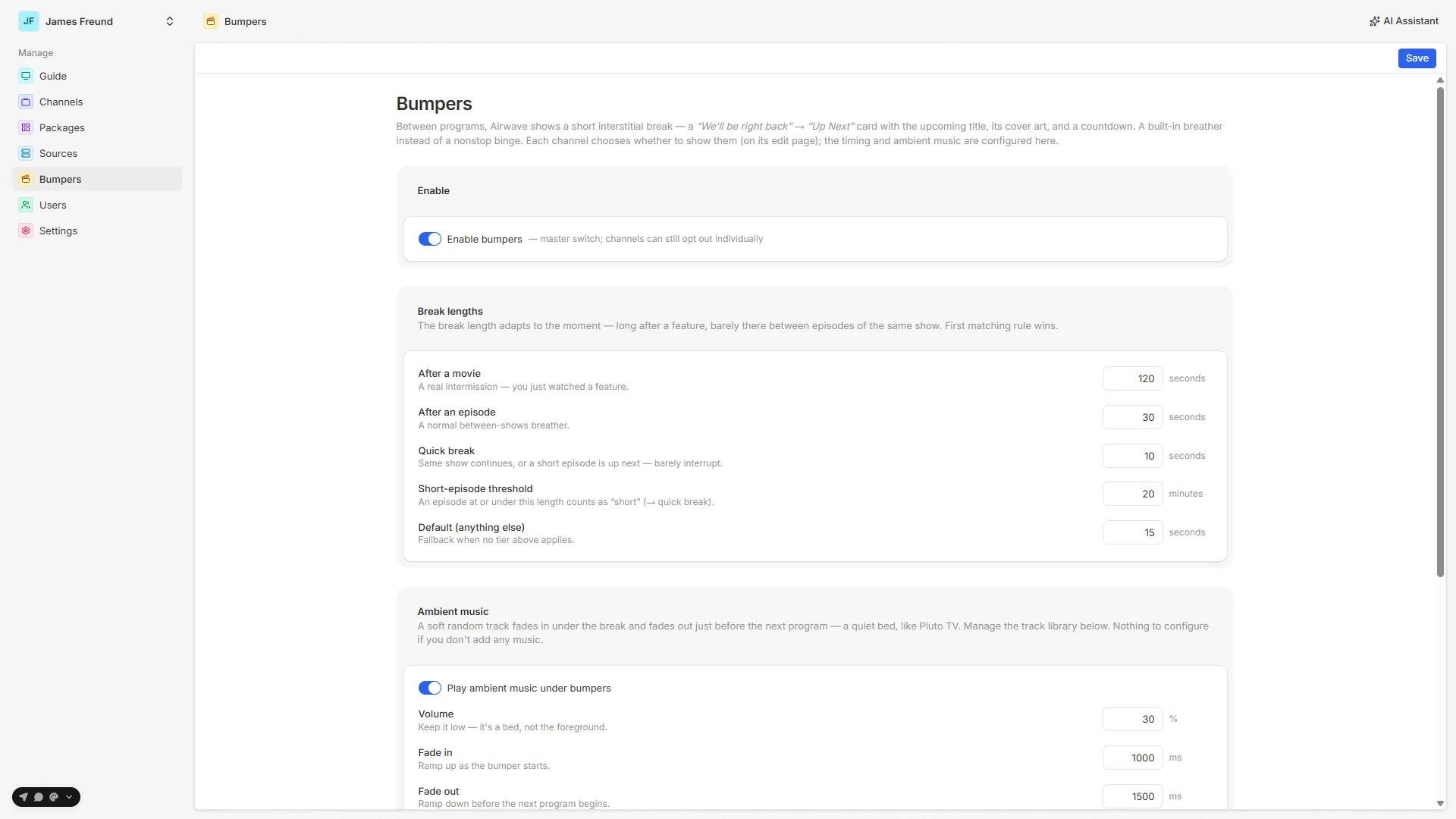 The admin Bumpers page — enable, break-length tiers, ambient music, and the track library