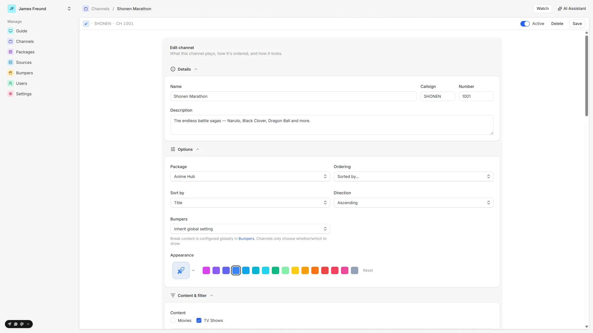 The channel editor — details, content filter, live preview, and the schedule