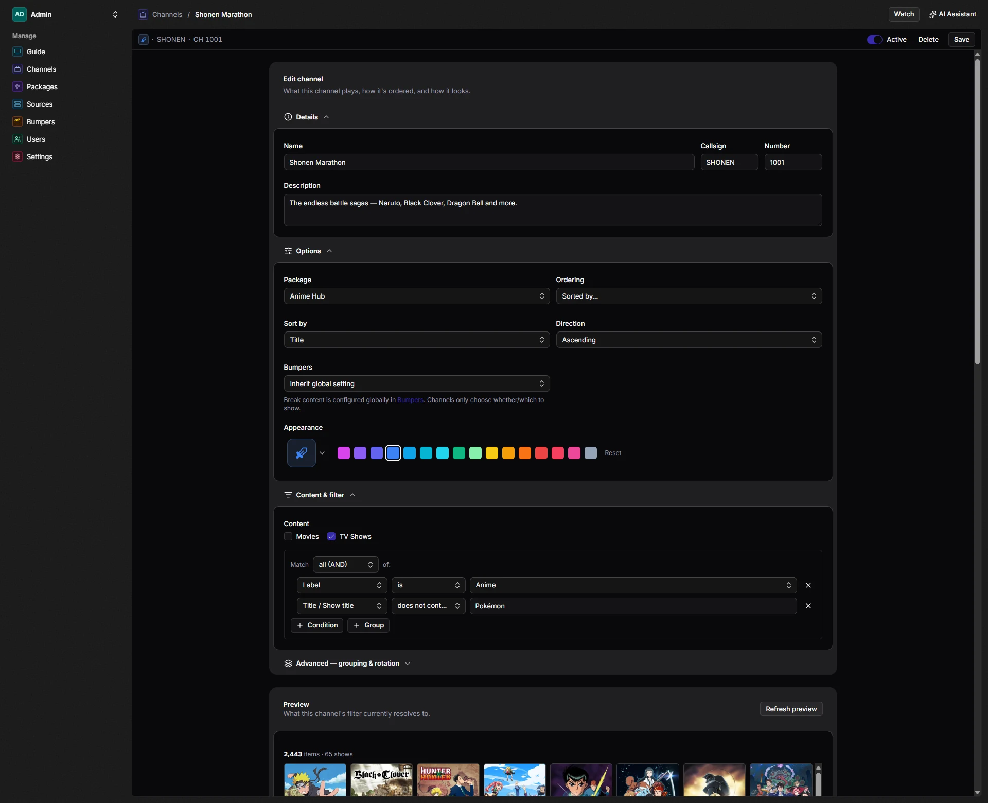 Defining a channel in the admin: filters, ordering, and a live preview