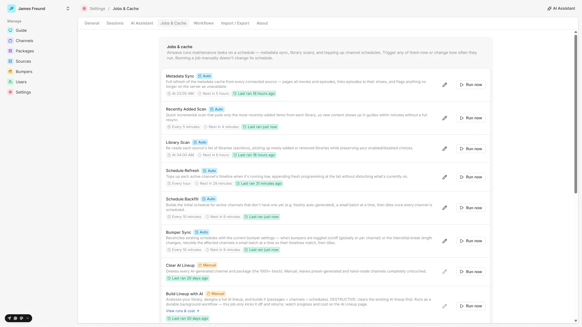 The background jobs page — cadence, last run, and run-now controls