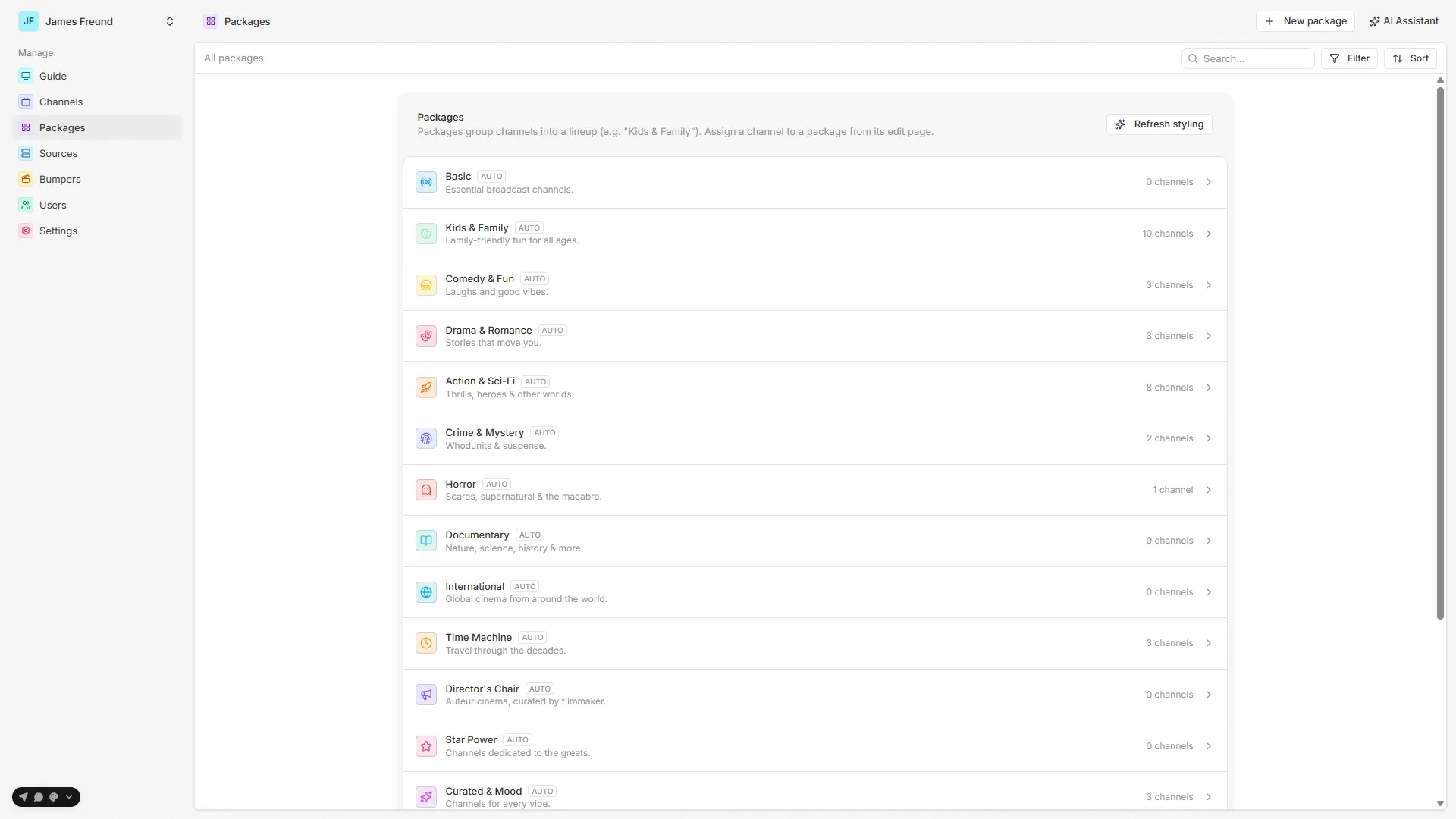The Packages list — each package with its icon, tint, channel count, and provenance badge