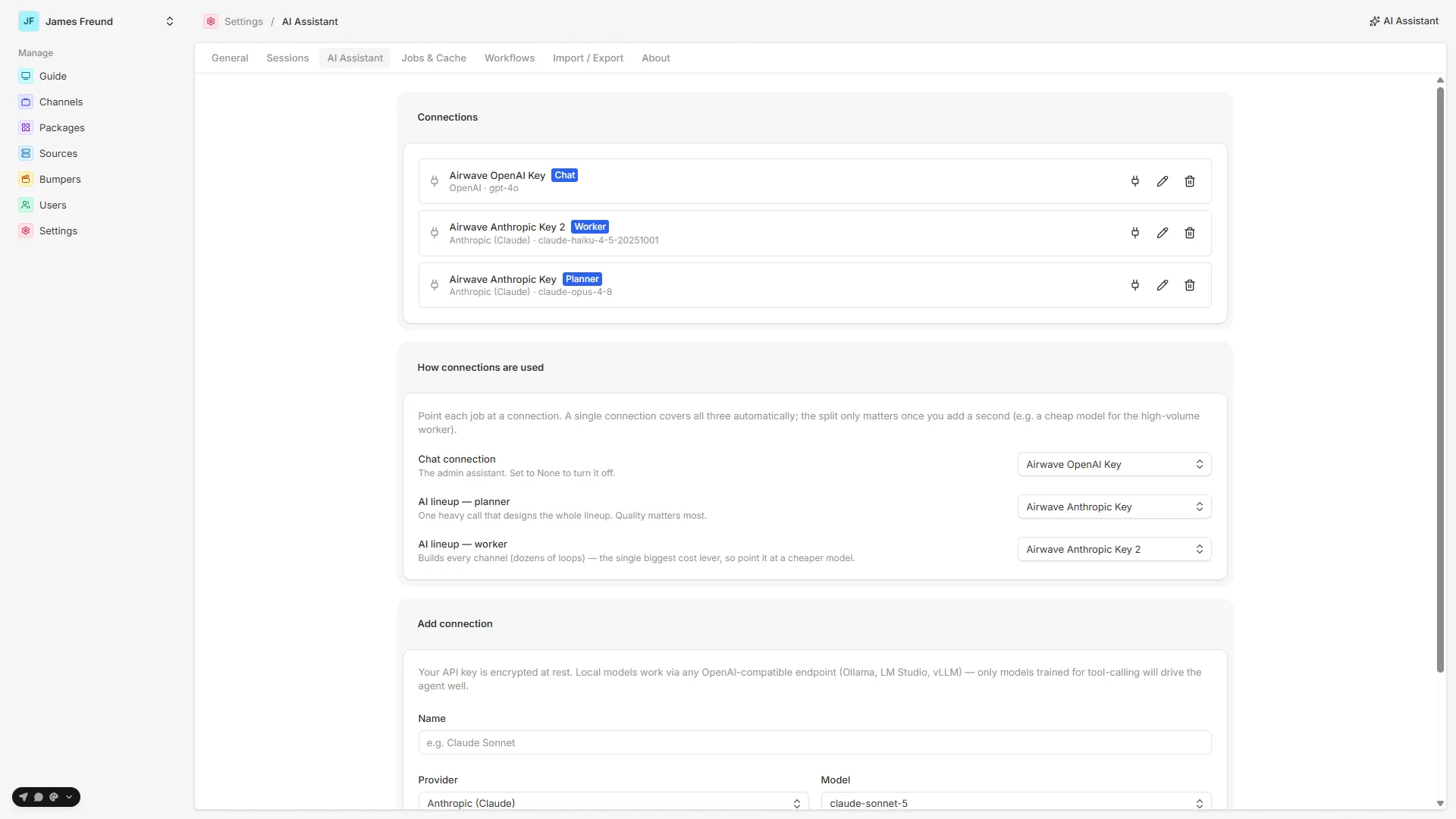 The AI Assistant settings tab — saved connections and their roles