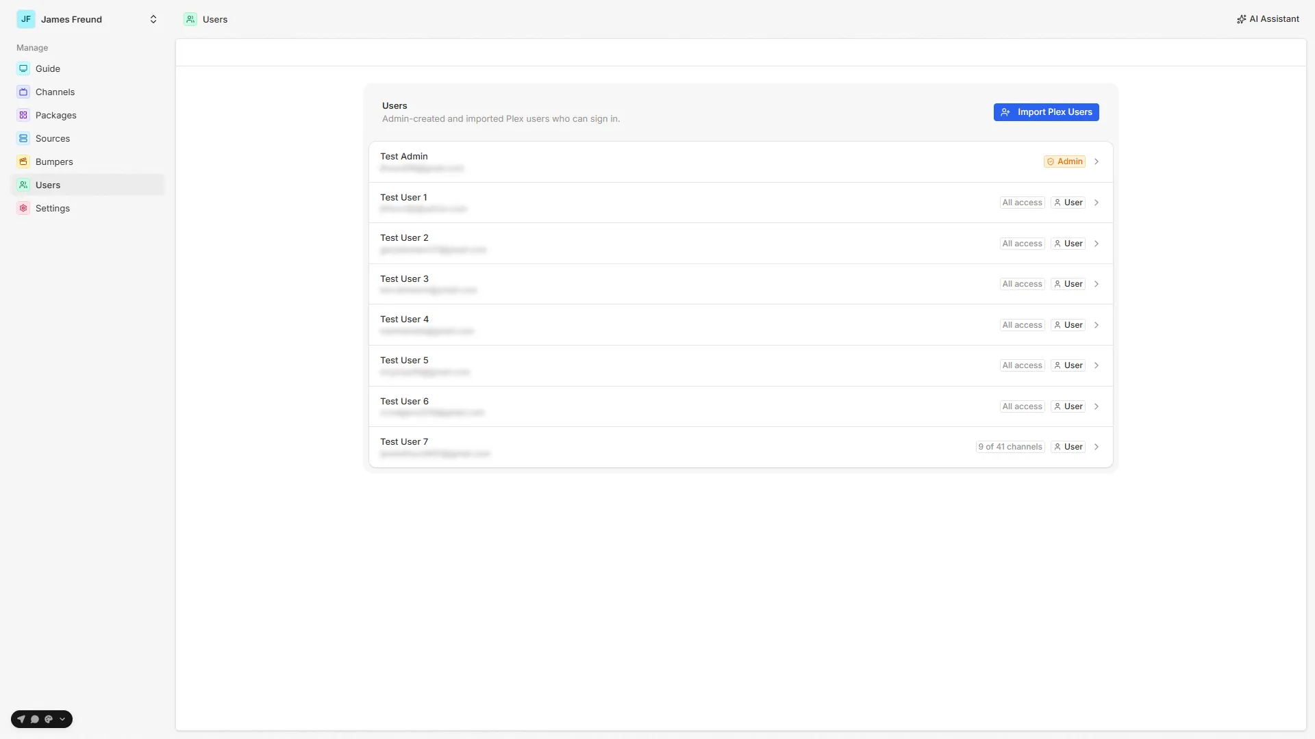 The admin Users page