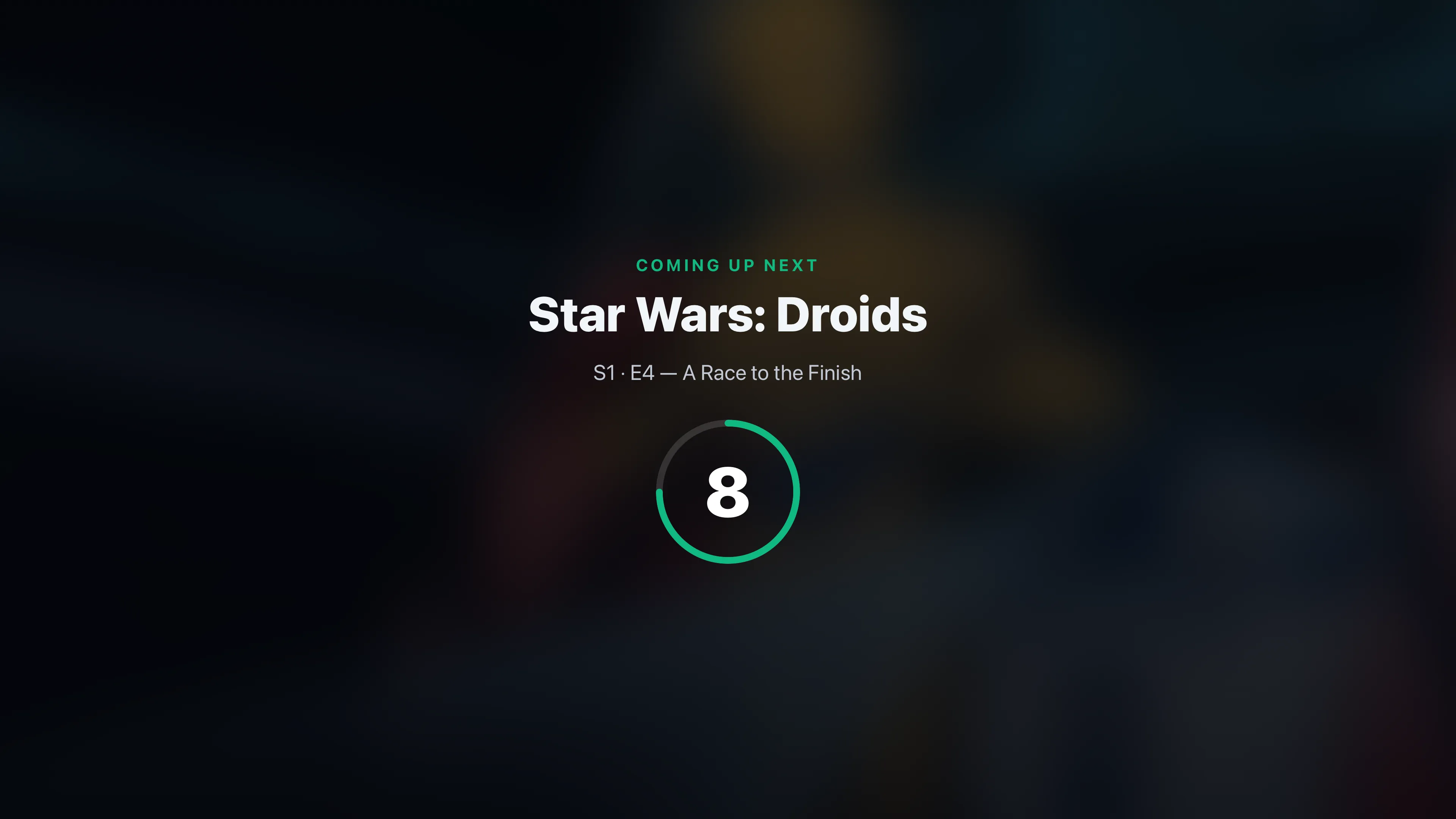 The interstitial card on Apple TV — blurred art, the upcoming title, and the countdown donut