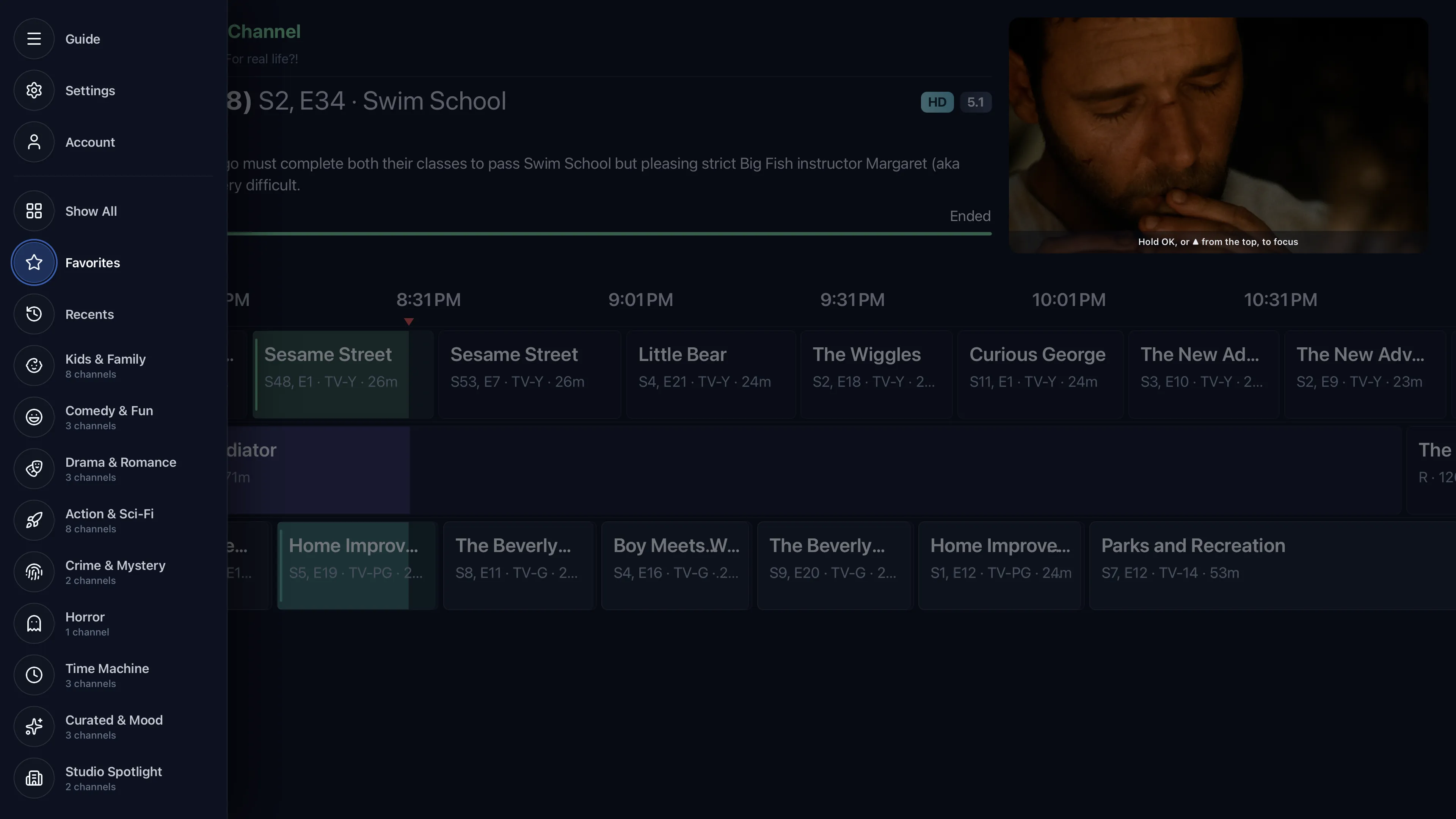 The TV guide sidebar — package filter lenses, each in its own icon and accent