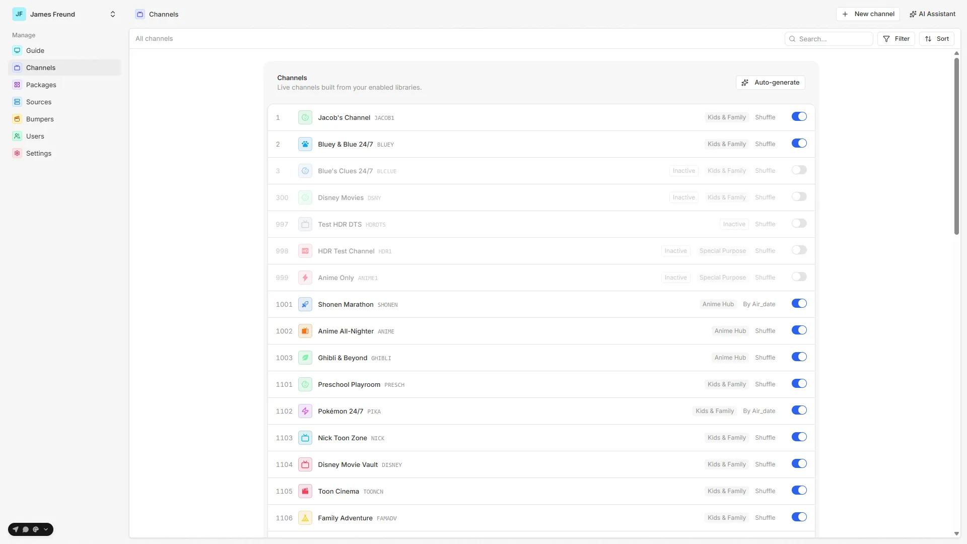 The Airwave admin — channels
